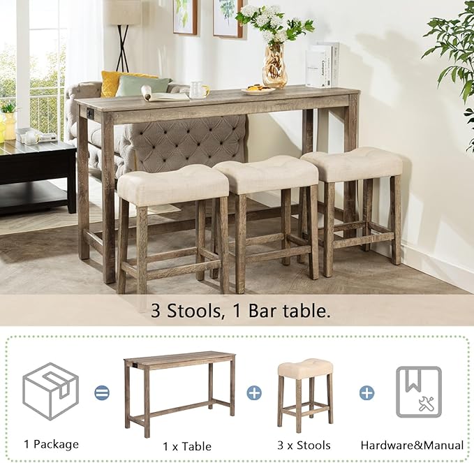 LKTART Bar Table and Chairs Set of 4, Bar Height Dining Table Set with Power Outlet and 3 Padded Stools Industrial Breakfast Table Set for Living Room, Small Space, Brown