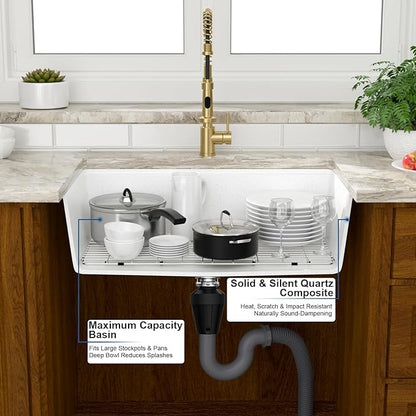 Mocoloo 33 Inch White Granite Composite Kitchen Sink - 33x19 Undermount Ledge Workstation Matte White Quartz Single Bowl Under Counter Kitchen Sinks
