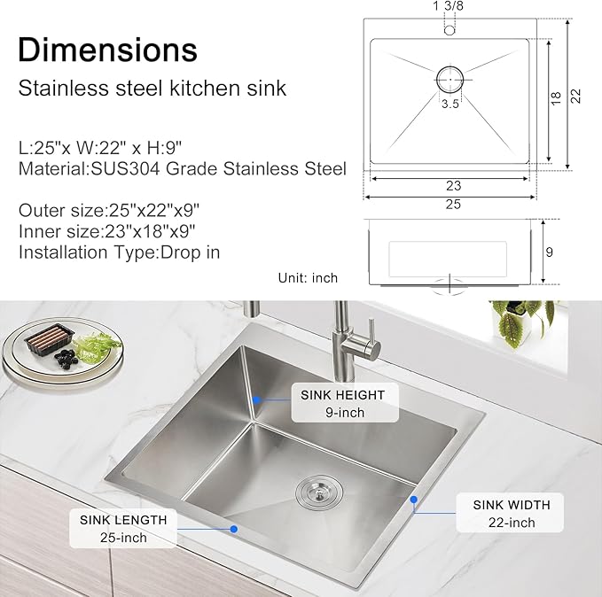MENATT 25 x 22 Inch Drop In Kitchen Sink, 18 Gauge T-304 Stainless Steel Handmade Single Bowl 1 Faucet Hole Topmount Kitchen Sink, Brushed