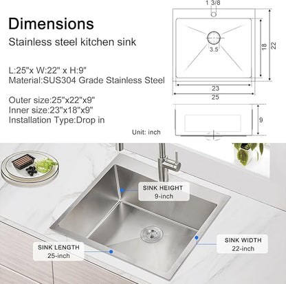 MENATT 25 x 22 Inch Drop In Kitchen Sink, 18 Gauge T-304 Stainless Steel Handmade Single Bowl 1 Faucet Hole Topmount Kitchen Sink, Brushed