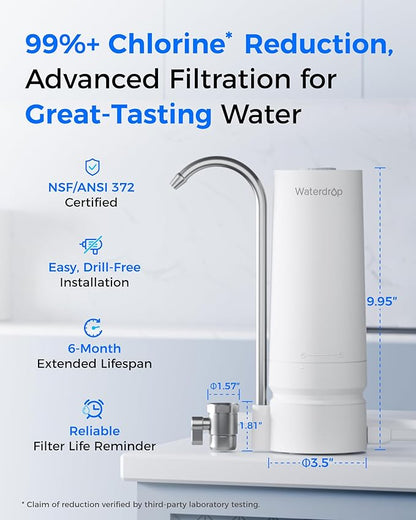 Waterdrop CTF-05 Water Filter for Sink Faucet, Countertop Water Filter System and Filter Life Reminder, Reduces Heavy Metals, Bad Odor, and 99% Chlorine, 8000 Gallons, 2 Filters