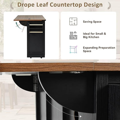 Merax 53.7" Kitchen Cart Island on Wheels with Power Outlet,Drop Leaf and 2 Sliding Barn Door,Farmhouse Wood Frame Storage Cabinet for Dining Room