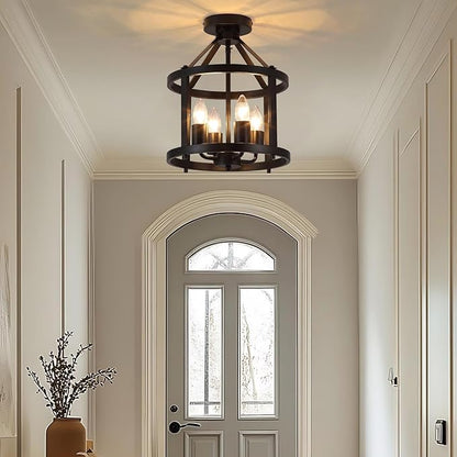 Black Flush Mount Ceiling Light Fixture, 4-Light Farmhouse Semi Flush Mount Ceiling Light, Industrial Metal Chandelier Ceiling Lamp for Dining Room Hallway Entryway Kitchen, E26 Socket
