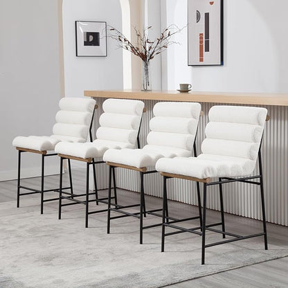 White Boucle Bar stools Set of 4, 25” Modern Upholstered Counter stools with Black Metal Legs, Sherpa Counter Height Chairs for Kitchen Island Armless Stool with Channel Tufted Back