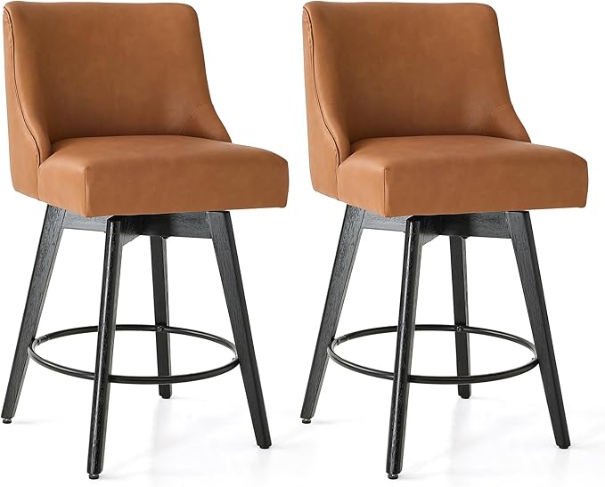 Counter Height Bar Stools Set of 2, Swivel Barstools with Backs and Wood Legs, Faux Leather Upholstered Counter Stools for Kitchend Island, Mid-Century Modern 26" Seat Height Bar Chairs, Brown