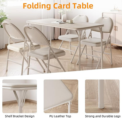 IDEALHOUSE Folding Table, Portable Folding Card Rectangle Table with Sturdy Metal Frame, PU Leather Upholstered Foldable Table, for Dining Room, Living Room, Office, Camping, Brige