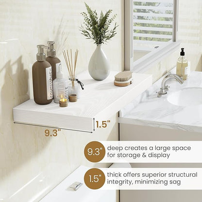 Fun Memories 48 Inch Floating Shelves in White, 9.3 Inch Deep Wall Shelves for Bathroom, Living Room, Bedroom, Kitchen, Deep Long Shelf Wall Mounted 1 Pack Shelf for Books, Decor