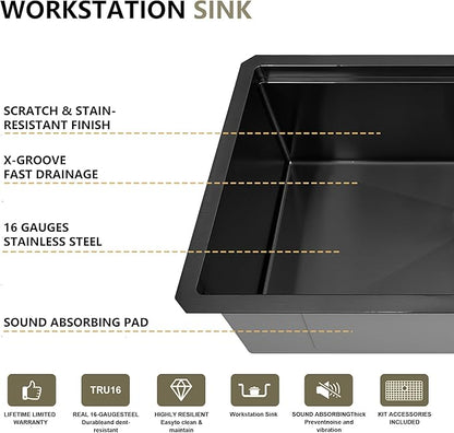 33x19 Inch Black Undermount Kitchen Sink, 16 Gauge 304 Stainless Steel Single Bowl Kitchen Sink, Workstation Sink with Accessories, 33x19x9 Large Deep Basin