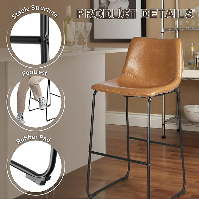 LEMBERI 30 inch Bar Stools Set of 3, Modern Counter Height Bar Stools, Faux Leather Barstool with Back and Metal Leg, Armless Bar Chairs for Kitchen Island (Whisky, 3pcs 30")
