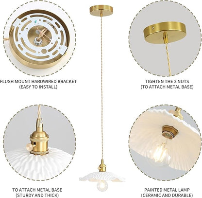 Pendant Lights Kitchen Island with Scalloped Ceramic Lampshade, Brushed Brass Pendant Light Fixture, Vintage White Hanging Light for Living Room Bedroom Dining Room Over Table