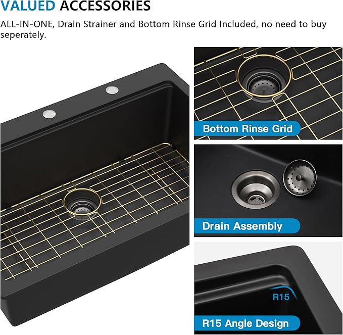 33"x22" Granite Composite Kitchen Sink – Matte Black Ledge Workstation Drop In Top Mount Granite Quartz Classic Luxury Above Counter Single Bowl Sink Basin