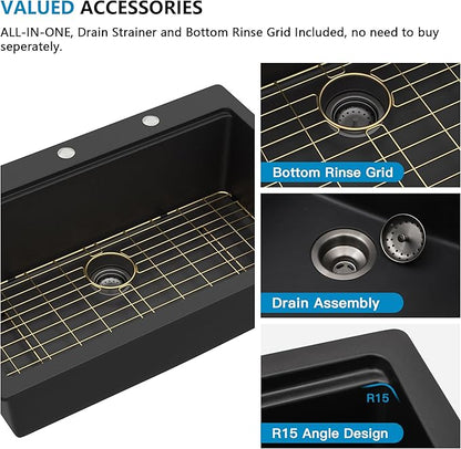 33"x22" Granite Composite Kitchen Sink – Matte Black Ledge Workstation Drop In Top Mount Granite Quartz Classic Luxury Above Counter Single Bowl Sink Basin