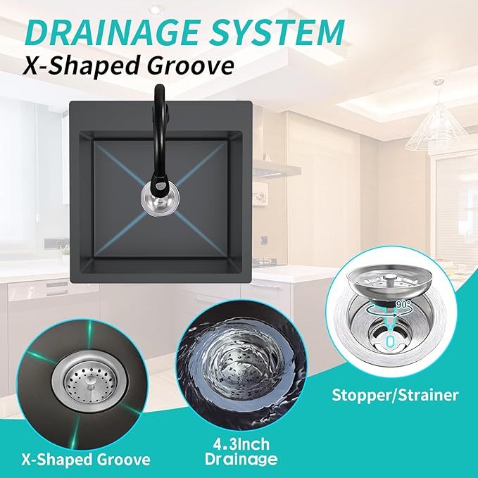 Black Kitchen Sink, Stainless Steel 18 x 18 Inch Top Mount Kitchen&Bar Sink Single Bowl Drop In Sink Set - Stainless Grid, Silicon Mat, Retracable Basket For Modern Stylish Kitchen