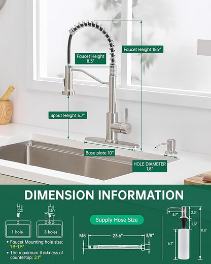 AIMADI Kitchen Faucet with Soap Dispenser and Pull Down Sprayer,Spring High Arc Design Stainless Steel Sink Faucet Single Handle 1 or 3 Hole Farmhouses,RV,Laundry,Outdoor