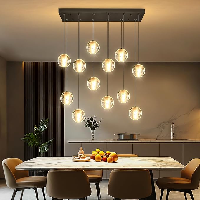 HAIXIANG Rectangular Chandelier with LED Light Bulbs Bubble Crystal Glam Chandeliers for Dining Room High Ceiling Pendant Lighting Fixtures Interior Living Room Lighting Black