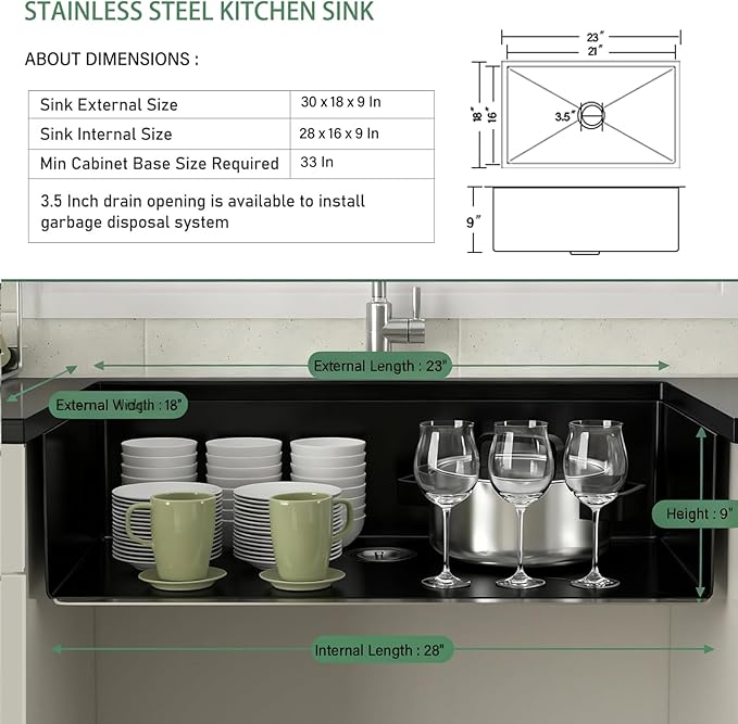 23 Inch Undermount Kitchen Sink, T304 Stainless Steel Single Bowl Sink (23x18x9 Inch) with Nano Coating & Workstation Accessories - Ideal for Prep Kitchen, Bar, Home Use