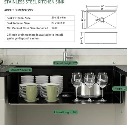 23 Inch Undermount Kitchen Sink, T304 Stainless Steel Single Bowl Sink (23x18x9 Inch) with Nano Coating & Workstation Accessories - Ideal for Prep Kitchen, Bar, Home Use