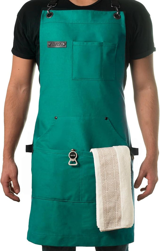 Asaya Chef and BBQ Apron with Bottle Opener and Hand Towel - 10oz Cotton Canvas, Stainless Steel Hardware - Cross Back Straps