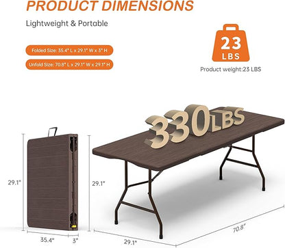 Folding Table 6 Foot for Indoor Outdoor, Portable Heavy Duty Fold-in-Half Utility Plastic Foldable Dining Table with Carrying Handle for Picnic, Camping and Party, Brown