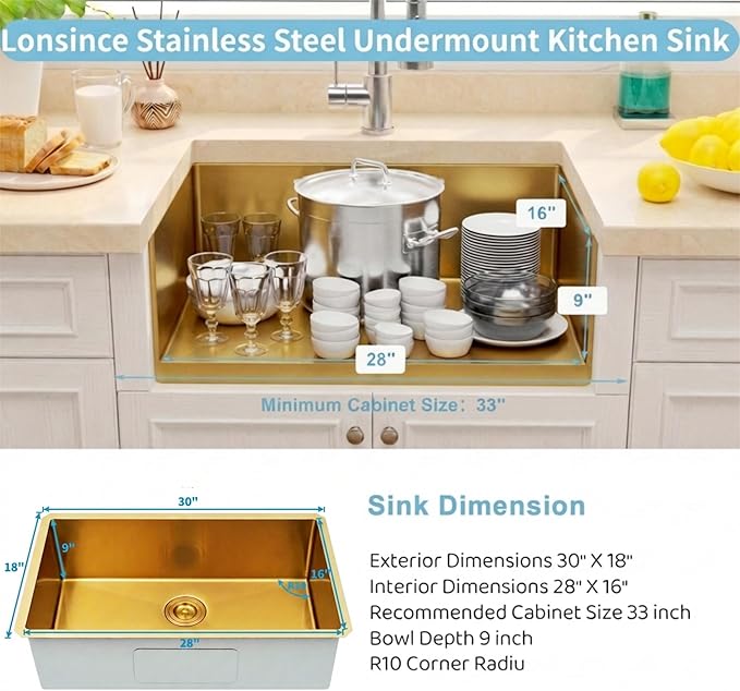 Gold Kitchen Sink,Undermount Kitchen Sink 30 X 18 inch,Single Bowl 16 Gauge Stainless Steel Undermount Sinks