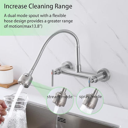 Wall Mount Faucet with Sprayer 8 Inch Center, Kitchen Sink Faucet with Dual Handle, Stainless Steel Constructed Sink Mixer Tap, Laundry Utility Faucets