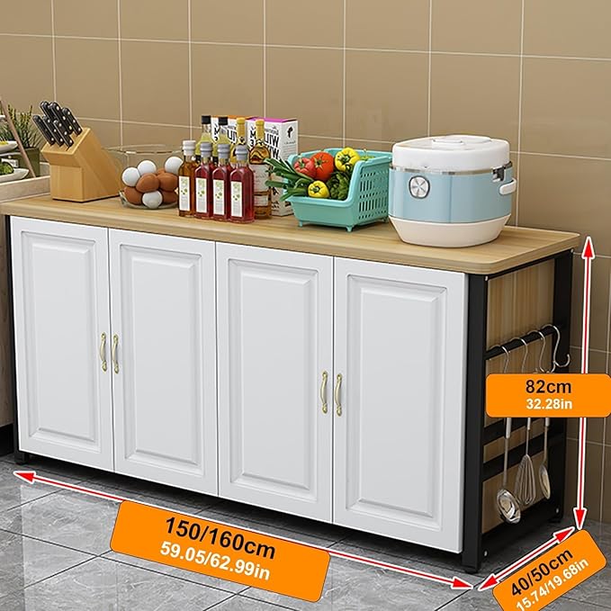 Kitchen Pantry Cabinet, Small Storage Cabinet, Kitchen Island,Buffet Cabinet with Storages, Large Storage Home Preparation Table Metal Bracket Sturdy and Stable Countertop(160x35cm/62.99x13.78in)