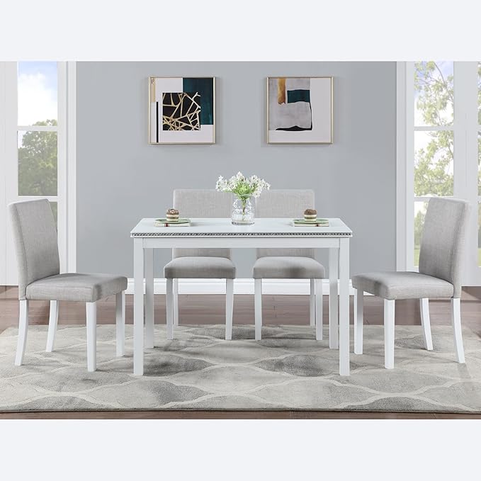 5 Piece Dining Table Set for 4, Rectangular Wooden Kitchen Table with 4 Upholstered Chairs, Elegant White Dining Room Set with Crystal Decoration
