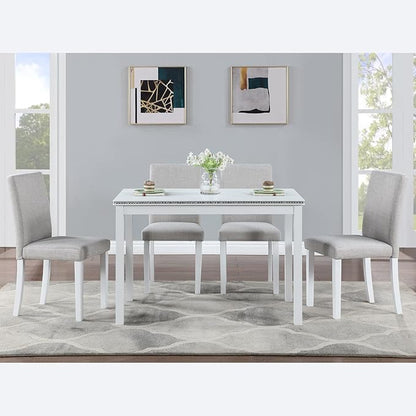 5 Piece Dining Table Set for 4, Rectangular Wooden Kitchen Table with 4 Upholstered Chairs, Elegant White Dining Room Set with Crystal Decoration