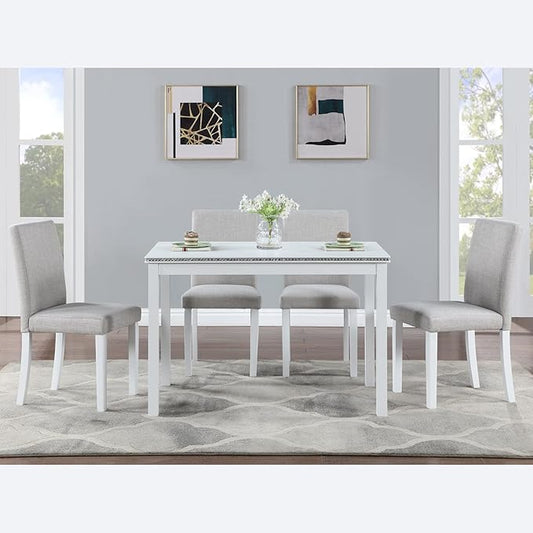 5 Piece Dining Table Set for 4, Rectangular Wooden Kitchen Table with 4 Upholstered Chairs, Elegant White Dining Room Set with Crystal Decoration