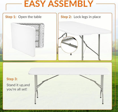 Elevon 6 Feet Heavy Duty Folding Table with Adjustable Height, Fold-in-Half Portable Table for Indoor Outdoor Use - Camping, Picnic, Party, Wedding, Dining, Utility Table