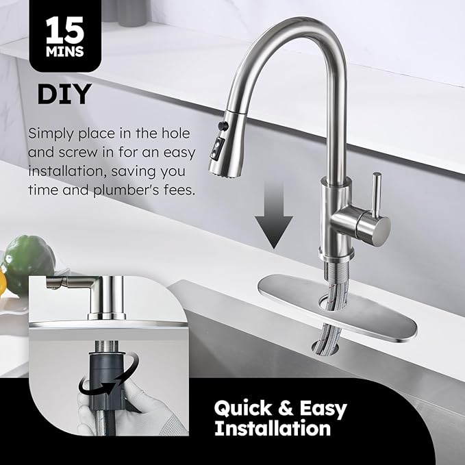 Arofa Kitchen Faucet with Soap Dispenser, Stainless Steel Kitchen Sink Faucet with Pull Down Sprayer 3 Mode Single Handle Gooseneck Pull Out Kitchen Faucet for 2/4 Hole, Brushed Nickel