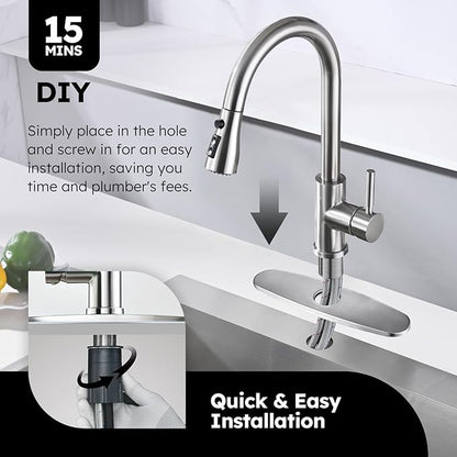Arofa Kitchen Faucet with Soap Dispenser, Stainless Steel Kitchen Sink Faucet with Pull Down Sprayer 3 Mode Single Handle Gooseneck Pull Out Kitchen Faucet for 2/4 Hole, Brushed Nickel