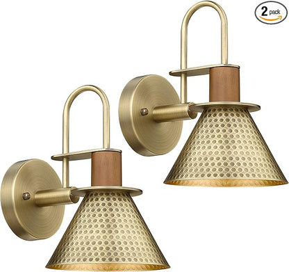 Brass Wall Sconces Set of Two, HWH Industrial Wall Light Fixtures Gold Barn Light, Single Wall Lamp for Bedroom Bedside Bathroom Kitchen, Hammered Metal Shade, Antique Brass, 5HZG74B-2 BG