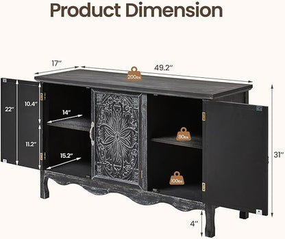 RoyalCraft Buffet Cabinet with Storage, Vintage Solid Wood Sideboard with 3 Carved Doors, Painted Coffee Bar Console Table for Dining Room, Living Room, Kitchen, Distressed Black