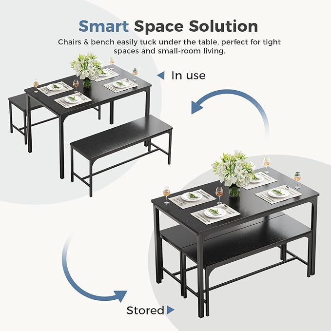 DUMOS Dining Table, Dining Table Set for 4 with Bench, Easy to Assemble Kitchen Table, Space-Saving Ideal 4-Person Set for Dining Room Kitchen Apartment Corner Dark Black 3 Pack