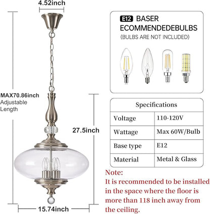 Modern Glass Large Pendant Light Brushed Nickel 5-Light Chandelier for Dining Room, Kitchen Island, H 27.5" x W 15.7", Adjustable Hanging Height