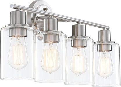 Brushed Nickel 4-Light Bathroom Light Fixture Over Mirror Sink, 4-Light Bathroom Vanity Lights Brushed Nickel Vanity Wall Sconce for Mirror