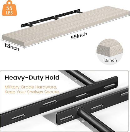 Gray Floating Shelves for Wall, 55 Inch Floating Shelves Set of 1, Wall Mounted Rustic Wood Shelf for Bathroom, Living Room, Bedroom and Kitchen, Hanging Shelf for Storage, Books, Home Decor