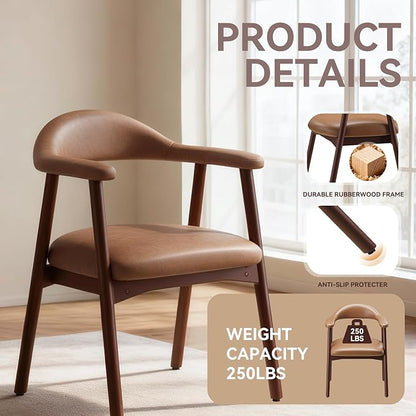 MALOL Leather Dining Chair with Armrest Set of 4, Upholstered Dining Room Chair with Curved Back and Wood Legs, Mid Century Modern Kitchen Chairs for Kitchen Dining Room,Brown