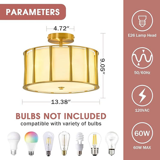 3-Light Semi Flush Mount Ceiling Light 13.4inch Gold Drum Light with Fabric Linen Shade Retro Close to Ceiling Light Fixture for Living Room Bedroom Dining Room Kitchen Hallway Entry Foyer
