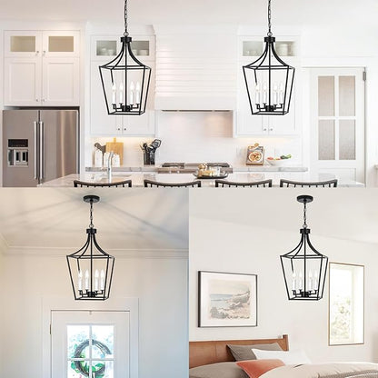 4-Light Black Lanter Chandelier, Height Adjustable Hanging Lighting, Farmhouse Dining Room Pendant Light Fixture for Kitchen Island Entryway Staircase, E12 Bulb Base