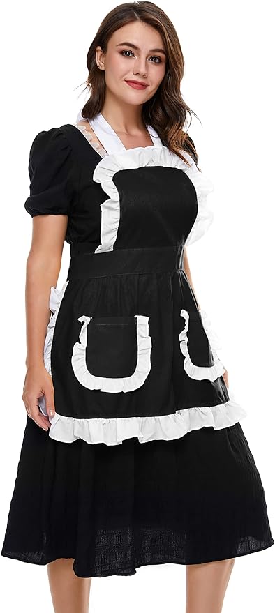 Women's Ruffles Outline Retro Pockets Apron Kitchen Cooking Cleaning Maid Costume (Black)