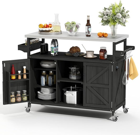 Zevemomo Outdoor Grill Cart, Stainless Steel Tabletop Outdoor Kitchen Island, Solid Wood Outdoor Buffet Cabinet with Lockable Wheels for Grilling, Black