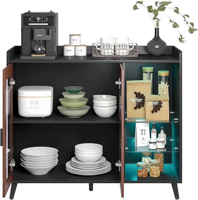 HedoAjim Sideboard Buffet Cabinet with Storage, Farmhouse Buffet Table Coffee Bar Storage Cabinet with 4 Doors, 3 Drawers and Shelves, Sideboard for Dining Room Kitchen (Brown)