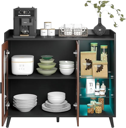 HedoAjim Sideboard Buffet Cabinet with Storage, Farmhouse Buffet Table Coffee Bar Storage Cabinet with 4 Doors, 3 Drawers and Shelves, Sideboard for Dining Room Kitchen (Brown)