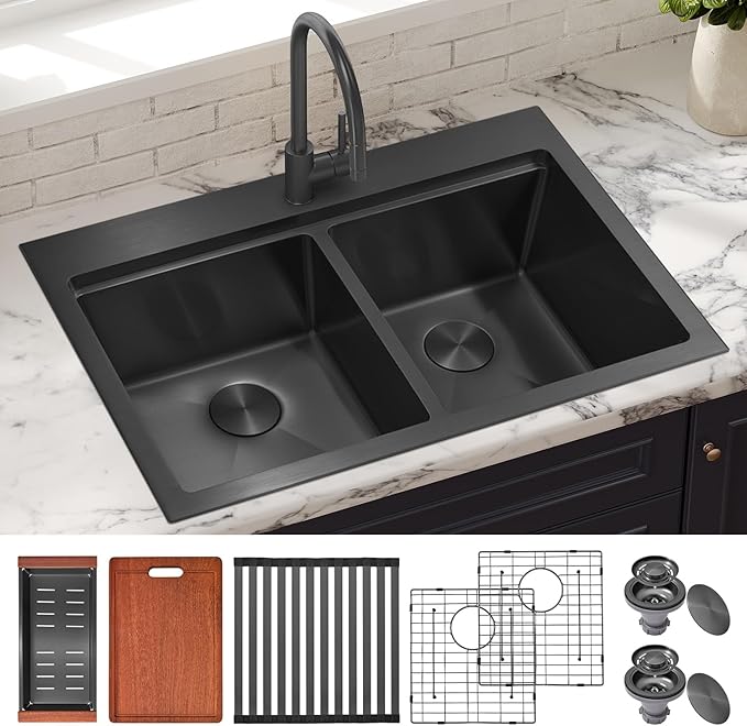 MILOSEN 31 Inch Black Double Bowl Kitchen Sink, 31''x22'' Drop in 16 Gauge T304 Black Stainless Steel Sinks, Workstation Sink 50/50 Topmount Double Basin with Accessories, 10'' Large and Deep Sinks