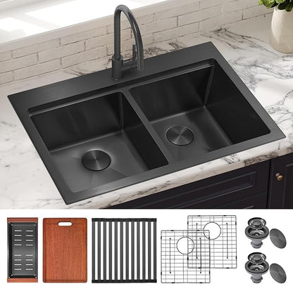 MILOSEN 31 Inch Black Double Bowl Kitchen Sink, 31''x22'' Drop in 16 Gauge T304 Black Stainless Steel Sinks, Workstation Sink 50/50 Topmount Double Basin with Accessories, 10'' Large and Deep Sinks