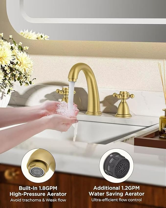 FORIOUS Brushed Gold Bathroom Faucet, Bathroom Sink Faucet 3 Hole with Pop Up Drain and Water Hose Supply, 2 Cross Handle Design, for Vanity RV Farmhouse Sink