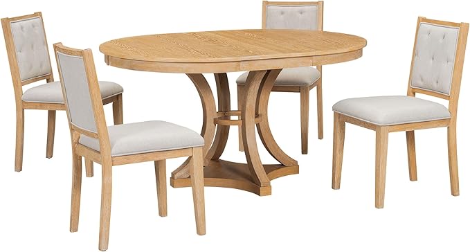 Vintage 5-Piece Extendable Round Dining Table Set for 4 with Chairs, Modern Wood Kitchen Table Set with Tufted Upholstered Chairs for Kitchen Dining Room Living Room (Natural)