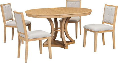 Vintage 5-Piece Extendable Round Dining Table Set for 4 with Chairs, Modern Wood Kitchen Table Set with Tufted Upholstered Chairs for Kitchen Dining Room Living Room (Natural)